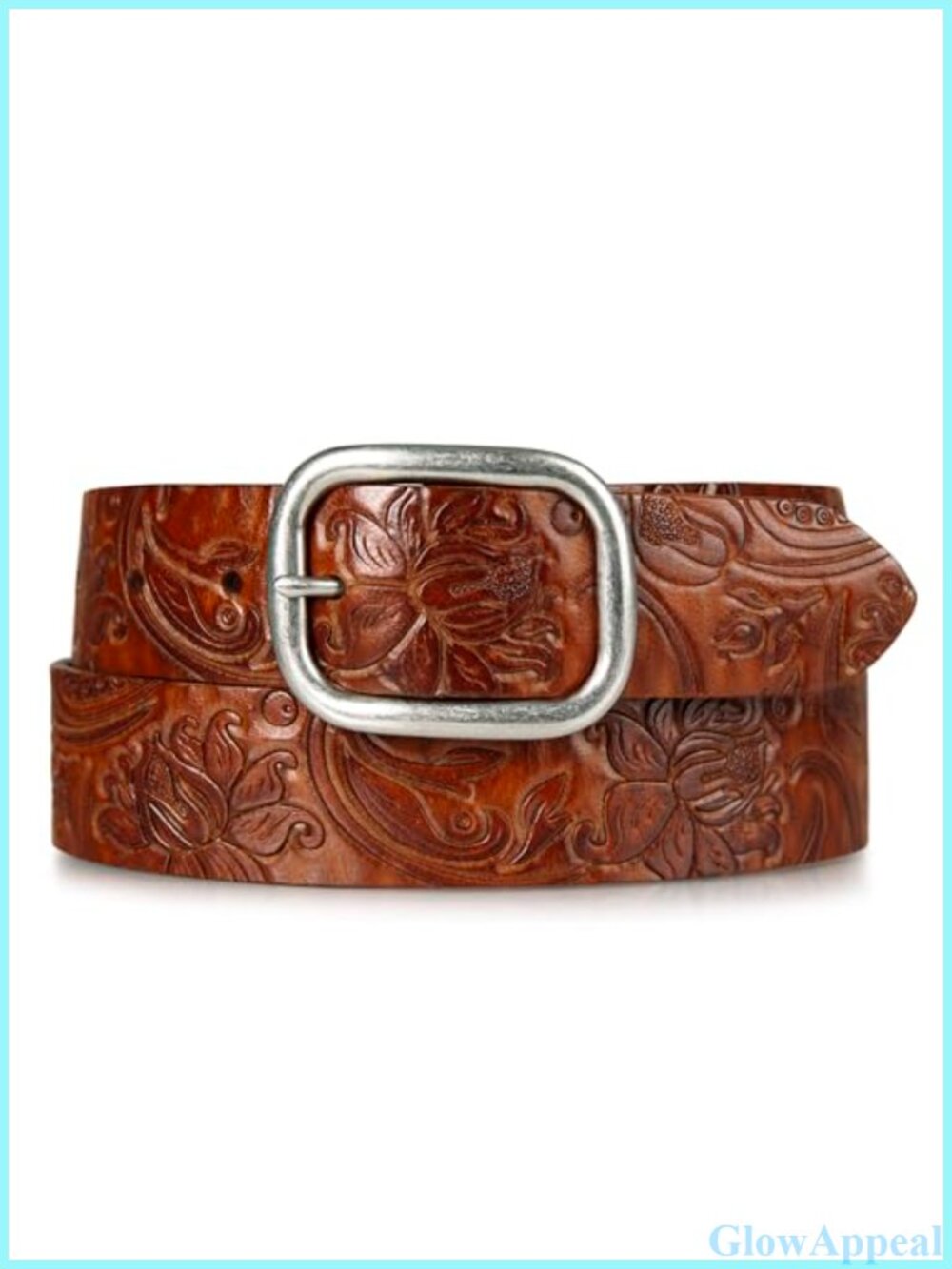 Floral Embossed Buffalo Leather Belt Nickel Roller Buckle